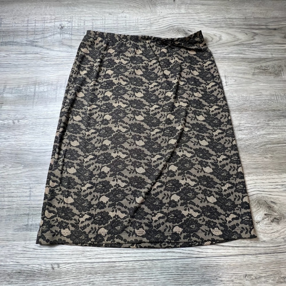 Outfit Petites Midi Skirt Womens PM Black Tan Floral Lace Overlay‎ Vintage Y37